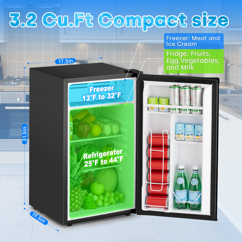Mini réfrigérateur compact avec congélateur arrière de 3,2 pi cu avec contrôle de la température à 7 vitesses, porte réversible, tablettes en verre amovibles, faible bruit, économie d'énergie