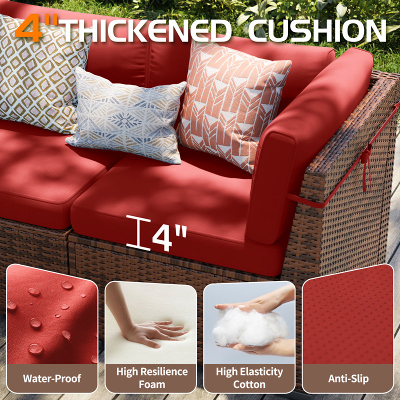 Ensemble de conversation modulaire en rotin pour 6 personnes avec coussins, Rouge, Non
