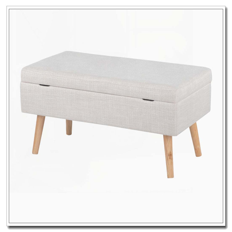 Banc de rangement contemporain avec pieds en bois naturel et tissu beige