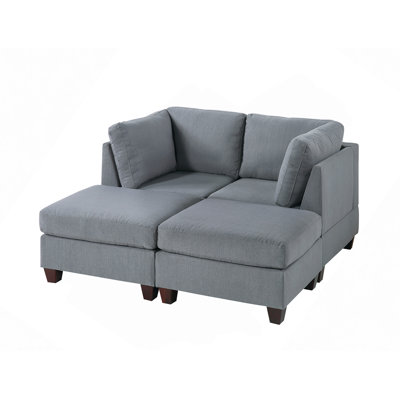 Canapé modulaire, ensemble modulaire gris, tissu d'aspect lin, structure en bois, sans accoudoirs et repose-pieds
