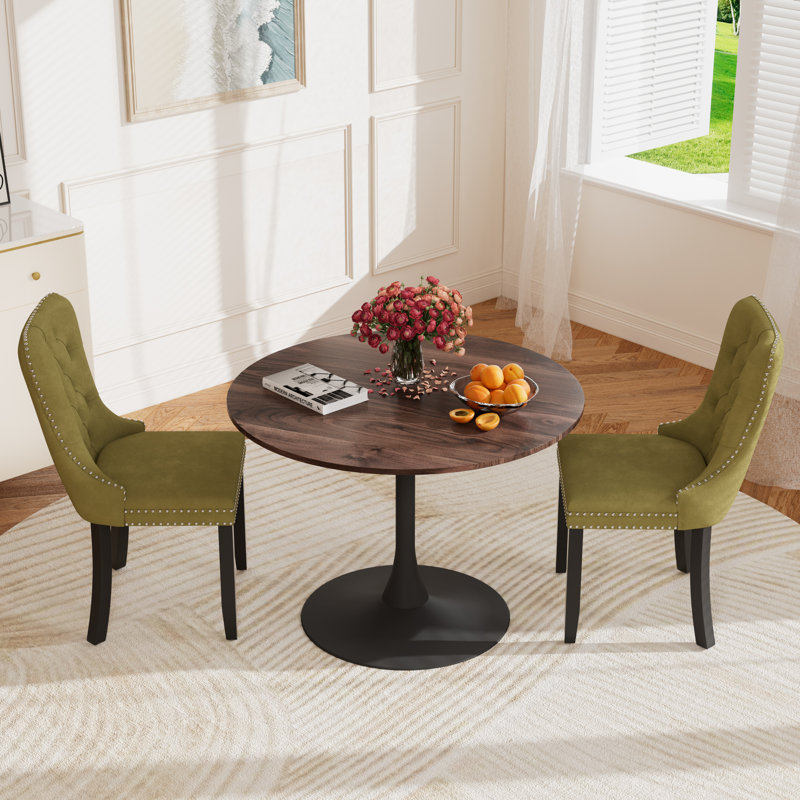 Round Pedestal Dining Set with 2 chairs, Brown/Black, Oliver Green