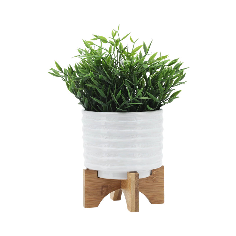 Modern Textured Ceramic Planter with Stand Indoor Outdoor, 7" H x 6" W x 6" D, White