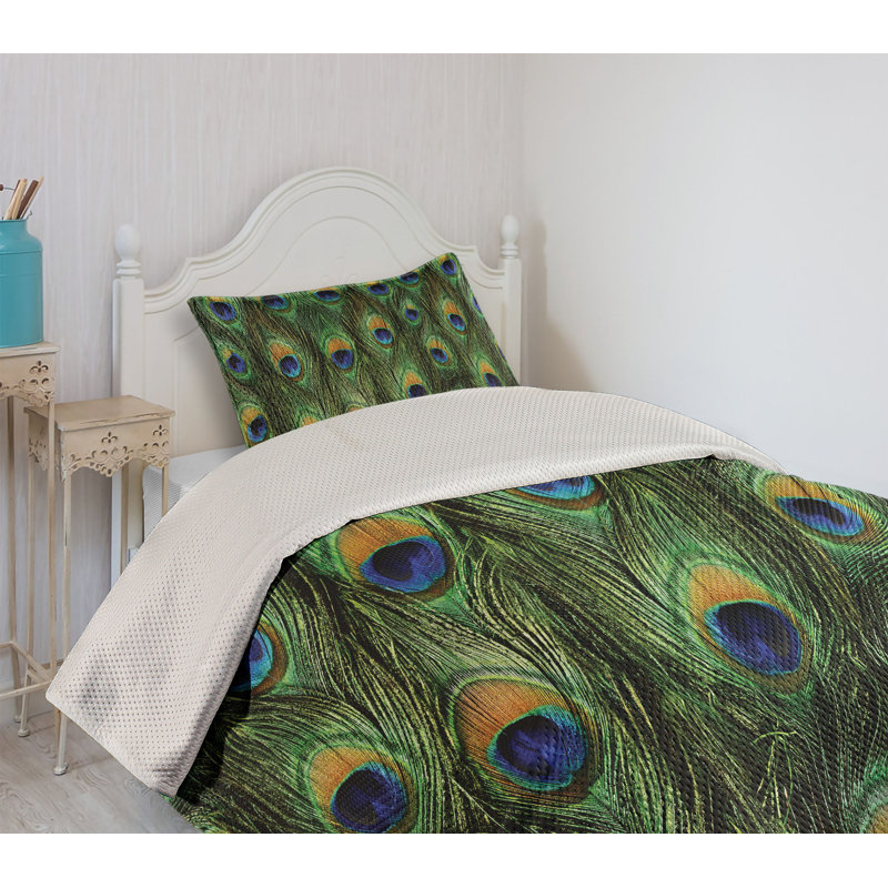 King Size Green Peacock Feather Quilted Bedspread Set