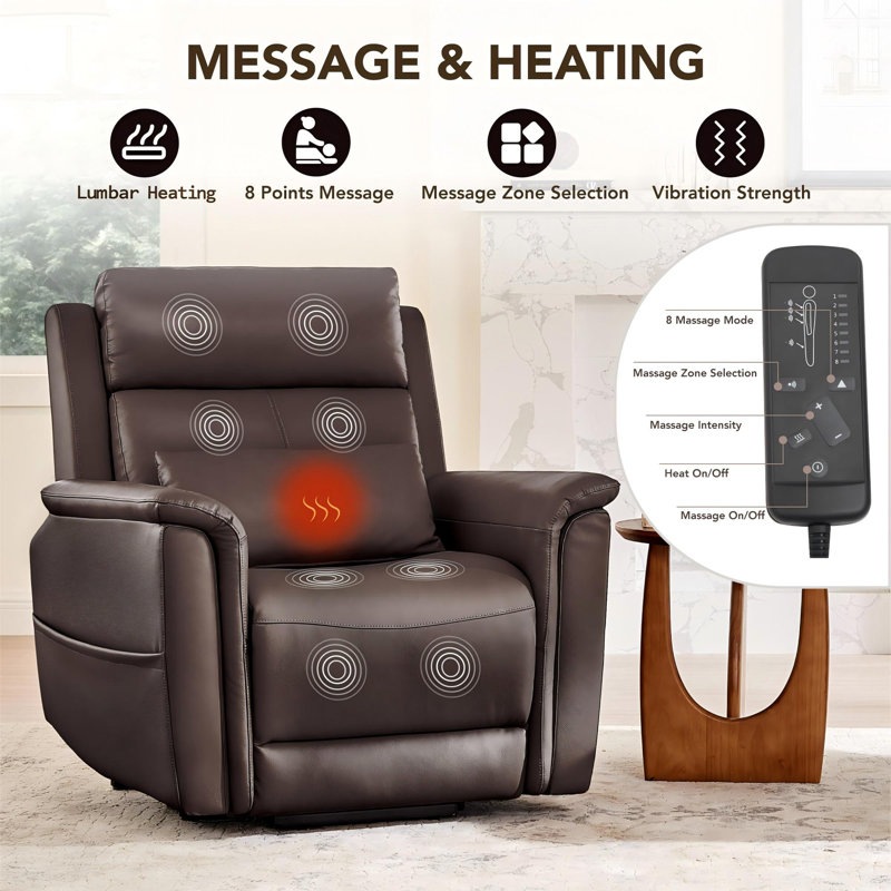 Top Grain Leather Power Lift Recliner With Massage & Heat & Foldable Tray Table, Brown