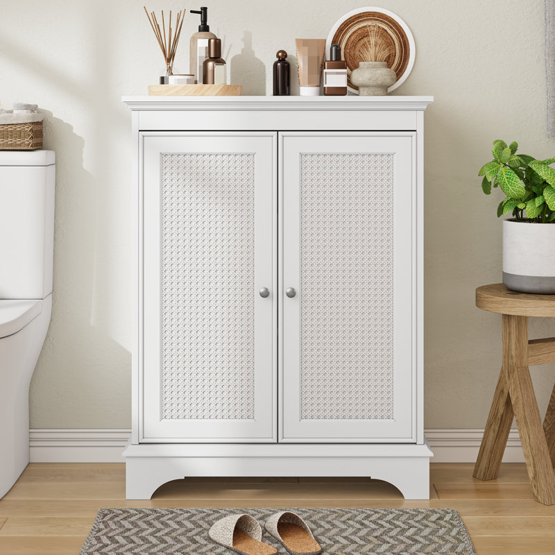 Armoire de rangement élégante en rotin pour salle de bain à deux portes avec cloison réglable pour une utilisation multifonctionnelle dans le salon, la cuisine et la salle de bain, blanc
