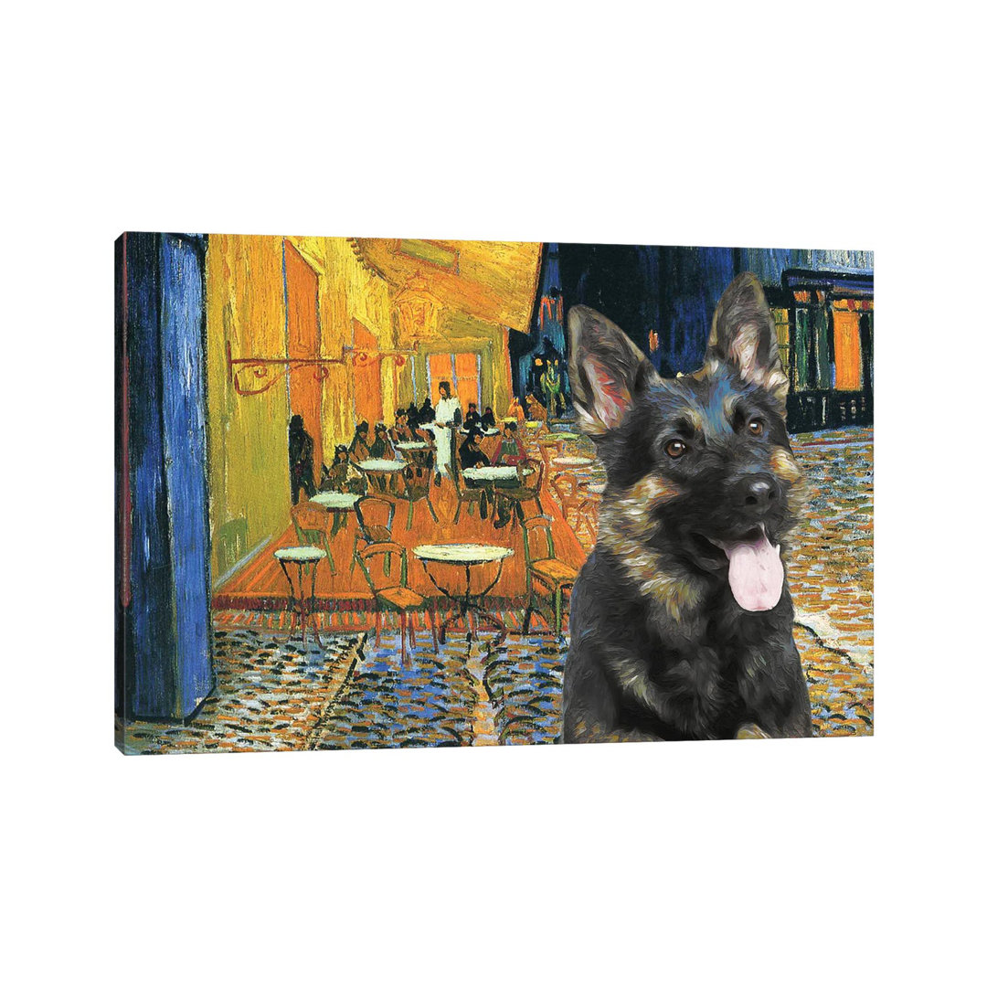German Shepherd Cafe Terrace at Night - Wrapped Canvas Art Prints