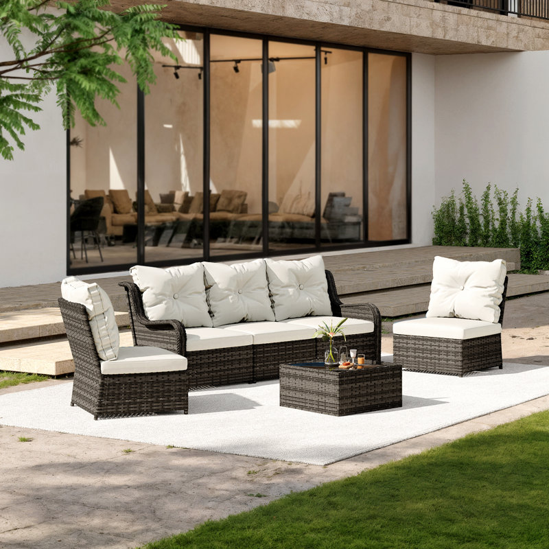 Five-Person Group Outdoor Wicker Set With Wicker Coffee Table, Gray, Beige