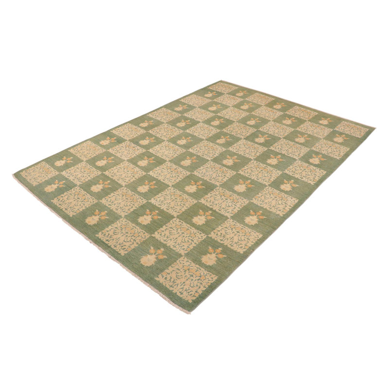 Tapis géométrique vert clair / crème en laine noué à la main 9 pi 8 po x 13 pi 5 po Geometric