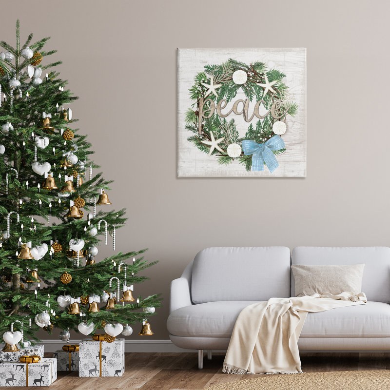 Art mural sur toile Coastal Christmas Peace Wreath, design par Jennifer Pugh, H 36 po x l 36 po