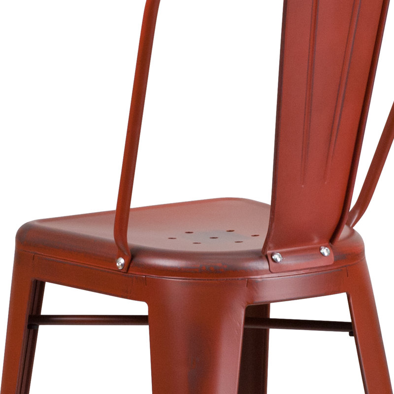 Angelean 24" High Distressed Metal Indoor-Outdoor Counter Height Stool - Back, Kelly Red, Bar Stool (30" Seat Height)