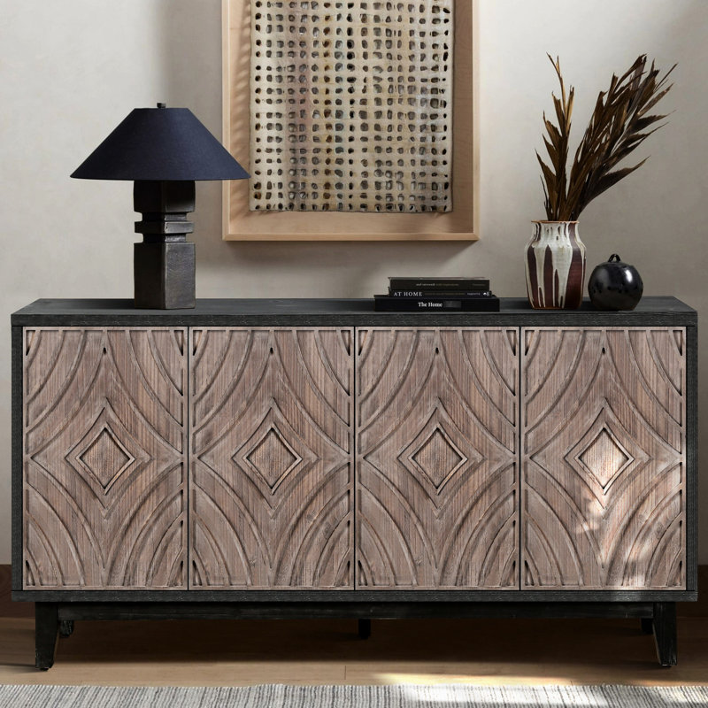 Buffet Carman 60 po - style antique pour la salle à manger 4 portes en losange, 2 tablettes réglables, console de fabrication Mid-Century de couleur unie, matériau d'entrée brun