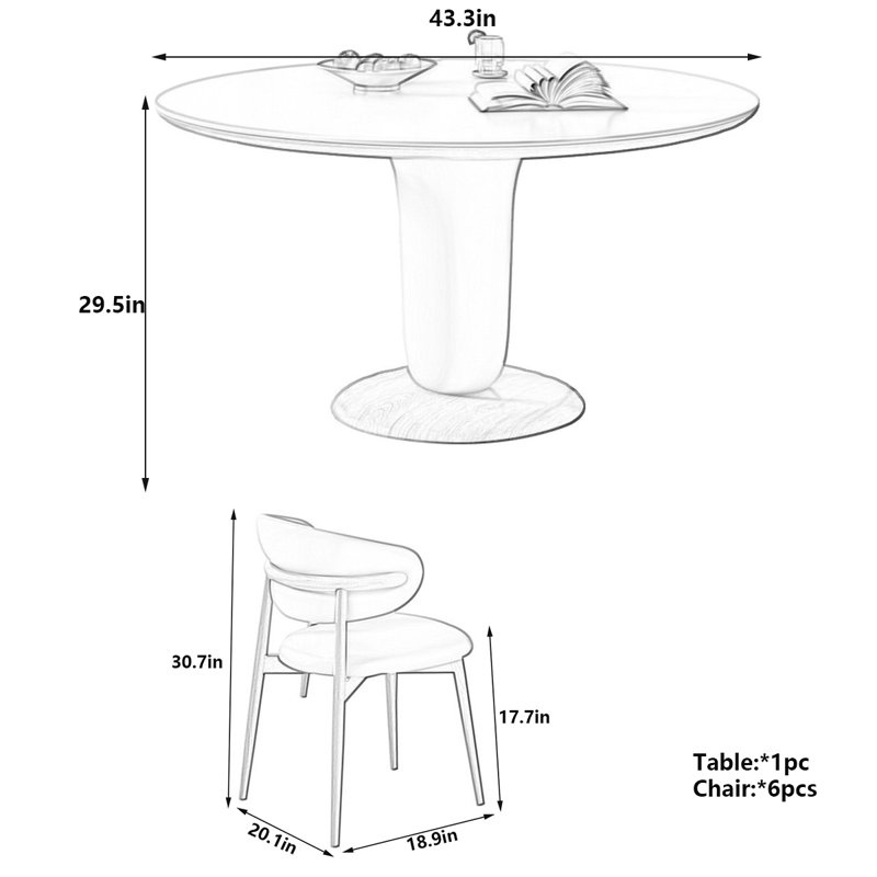 Creamy Round Dining Table with Wooden Accent, 29.5"H x 43.3"L x 43.3"W