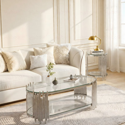 Ensemble de table basse et de table d'appoint de luxe, 2 tables gigognes ovales en verre avec tiges verticales en métal rythmiques, finition chrome poli pour le bureau du salon