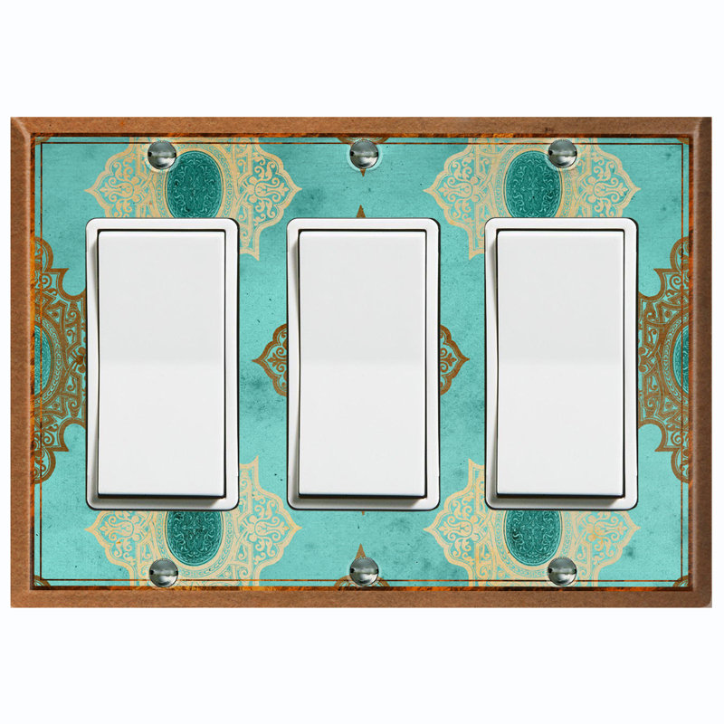Elegant Damask Teal Crest 3 - Gang Toggle Light Switch Standard Wall Plate