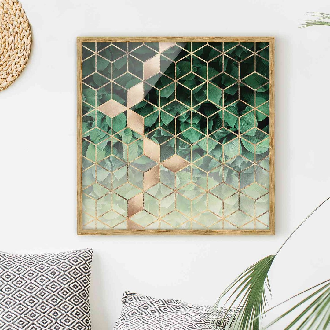 Gerahmtes Poster Green Leaves Golden Geometry