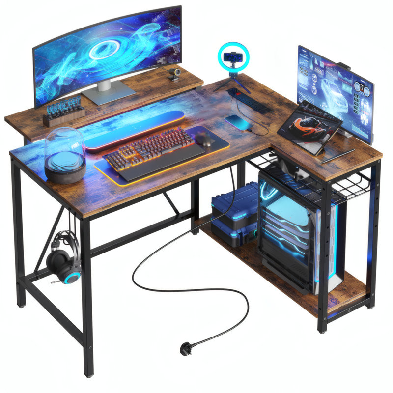 L-shaped Computer Desk with Power Outlet, Gaming Desk with Monitor Stand and Shelves, Rustic Brown/Black