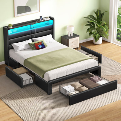 Wenda Bed Frame with 4 Storage Drawers and LED Lights, Upholstered Bed with Headboard and Charging Station