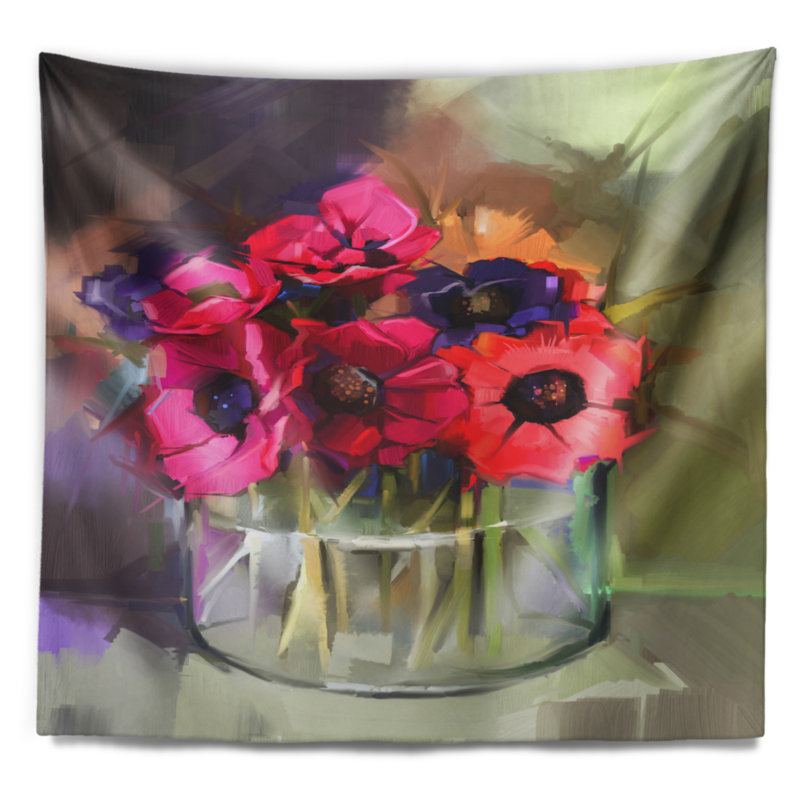 Tapisserie florale rouge, H 50 po x l 60 po