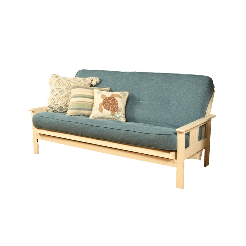 Johnte Full-Size Futon Frame and Full-Size Innerspring Mattress, Antique White, Linen Aqua, Innerspring