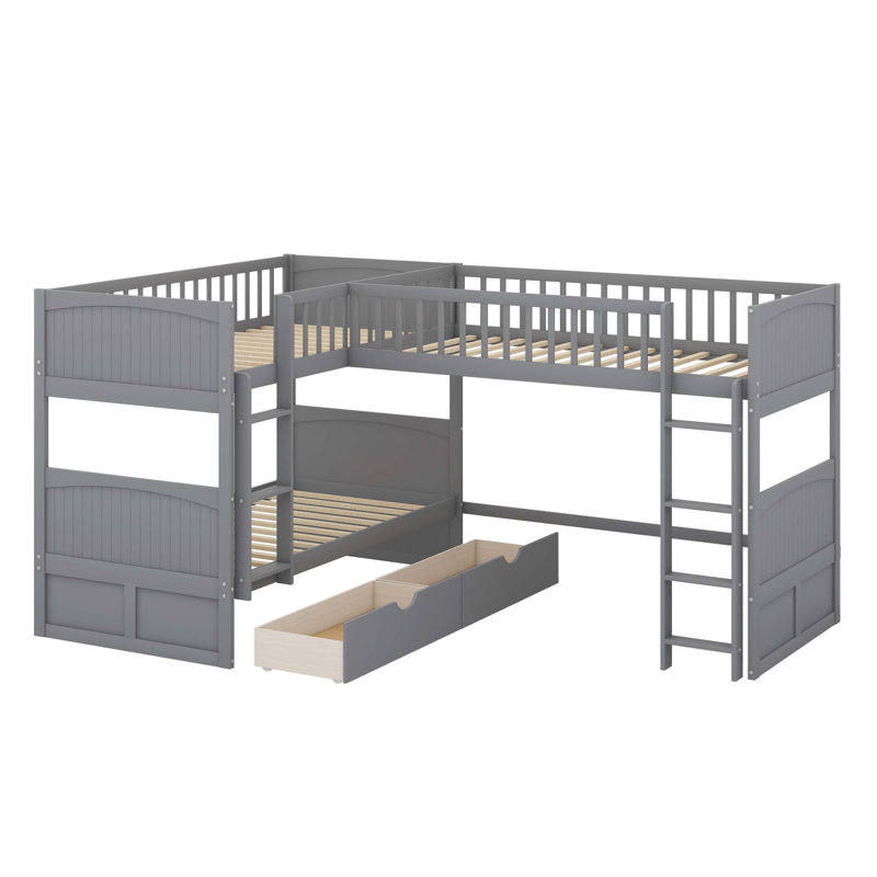 Triple lits superposés peu encombrants, lit simple avec lit mezzanine et tiroirs doubles, Gris