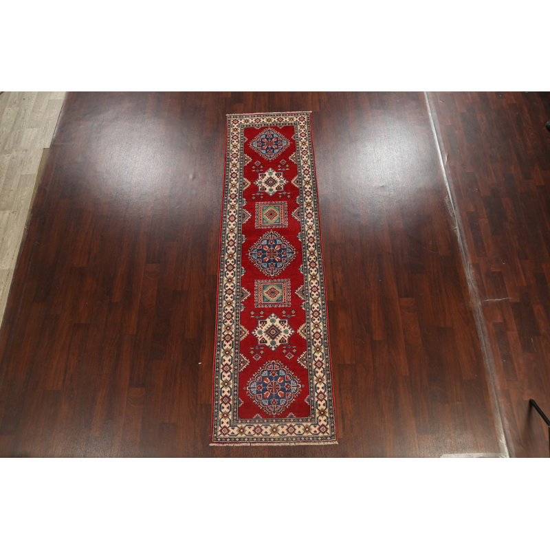 Tapis de couloir rouge / ivoire / vert / bleu en laine noué à la main de conception unique 2 pi 8 po x 9 pi 10 po