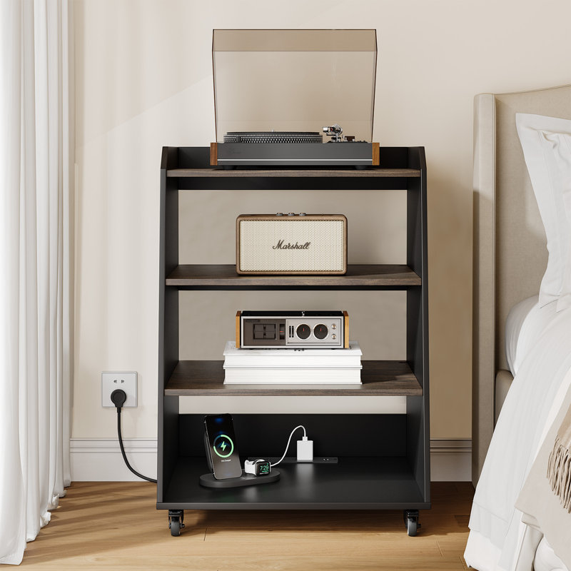  Ensemble de support pour tourne-disque avec rangement pour le salon, la chambre à coucher, le bureau, la table de bout avec support de table tournante avec rangement ouvert, support audio