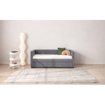 Twin Size Upholstered Daybed With Trundle,Usb Port ,Side Pockets, Modern V-Grained Backrest Design,No Box Spring Needed, For Bedroom, Guest Room ( Grey, Twin)