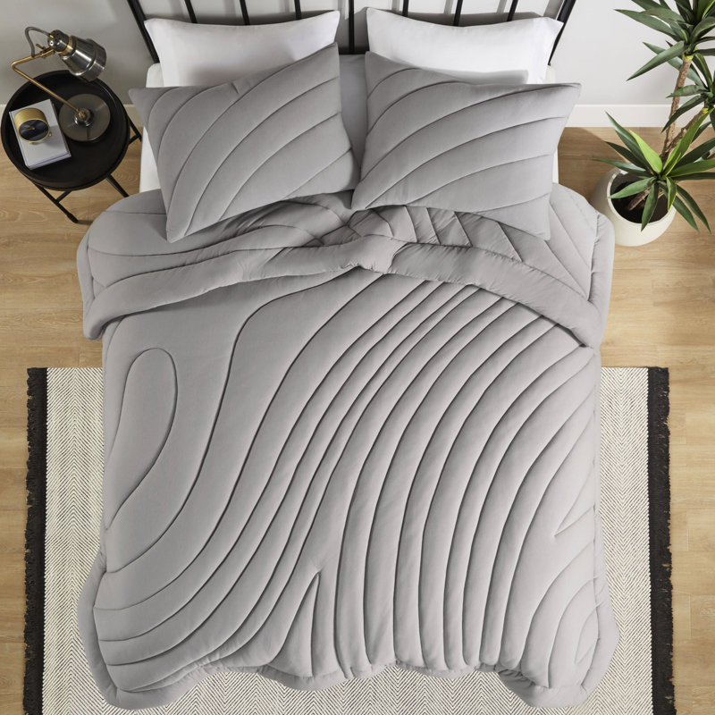 Édredon double / grand 3 pièces gris, bourre 350 g / m², lavable à la machine, 2 taies décoratives grises, motif, inclus