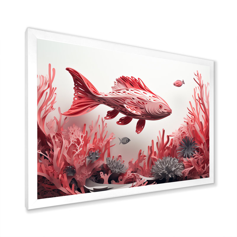 Reproduction de toile monochrome corail et gris sur fond de poissons I, H 30 po x l 40 po x P 1,5 po