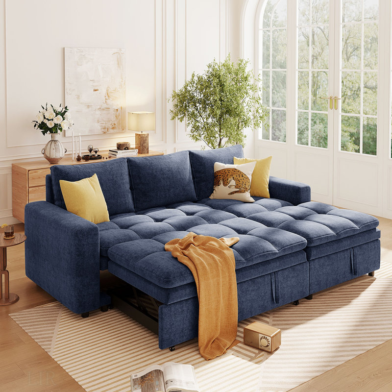 Canapé-lit modulaire rembourré avec espace de rangement, Polyester bleu