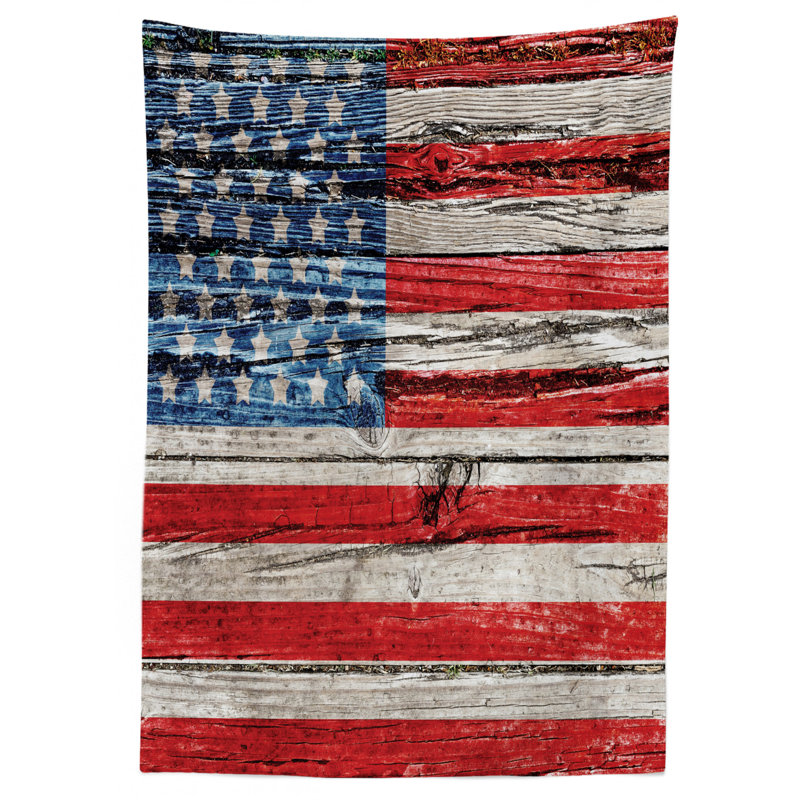 USA Fourth of July Painted Wooden Panel Wall Looking Tablecloth, 90" L x 60" W