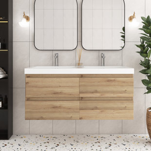 48'' Wall-Mounted Double Bathroom Vanity In Oak With Integrated Resin Top