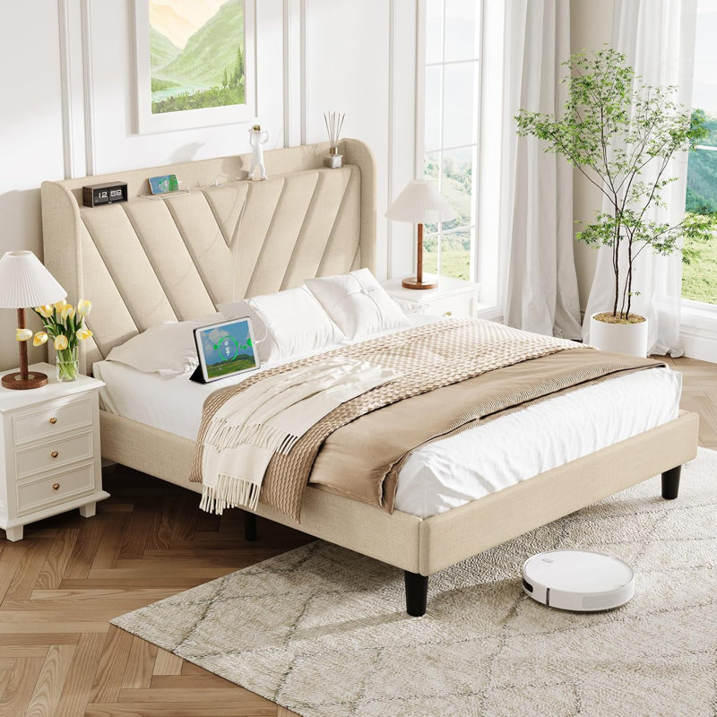 Lit plateforme tapissier avec tête de lit réglable, station de charge USB et Type-C, grand, Grand lit, Beige