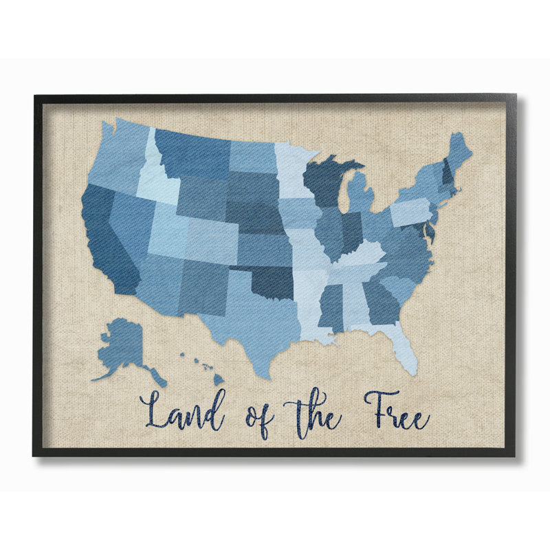 "land of the free denim map" , art textuel encadré, H 16 po x l 20 po, Giclée encadrée noir minuit