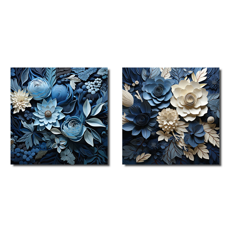 Blue Flower Crafted Delights - Ensemble de 2 collages floraux carrés, Toile tendue, H 16 po x l 33 po