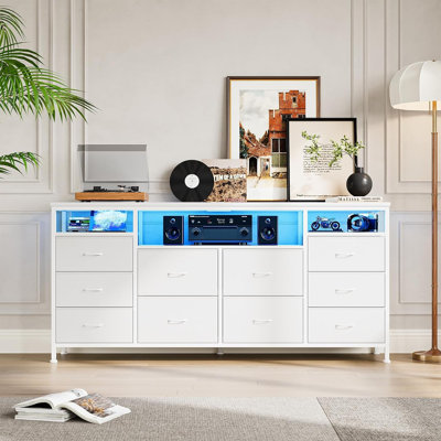 63" Fabric TV Stand with 10 Drawers, LED Entertainment Center with Built-in Power Outlets for 65-75" TVs, Bedroom Storage Chest