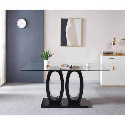 Table de salle à manger à double piédestal en verre trempé noir, 63 po x 35,4 po, 29,5 po