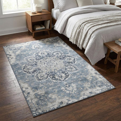 Tapis lavable délavé à médaillon floral ivoire et gris 3 pi x 5 pi avec protection UV