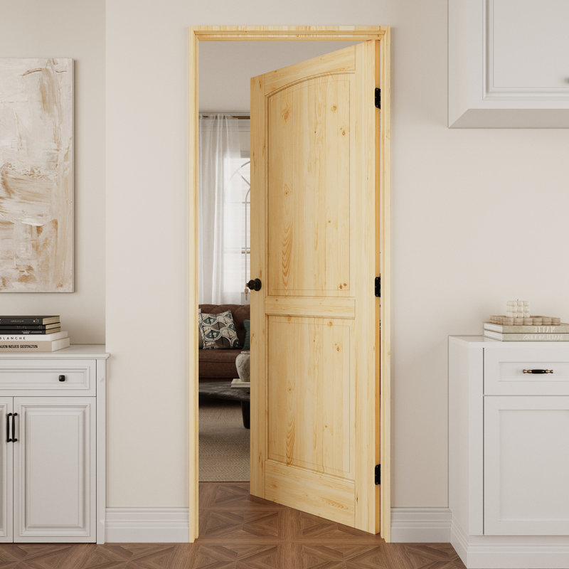 Porte intérieure en bois de pin à 2 panneaux, porte pré-suspendue en pin massif naturel Colonial, avec trousse de joint, bande d'étanchéité, ouverture vers la droite, charnières noires et poignée ronde, porte non finie et à peindre, pour garde-manger, chambre à coucher, salle de bain, placard et salon "x 80"