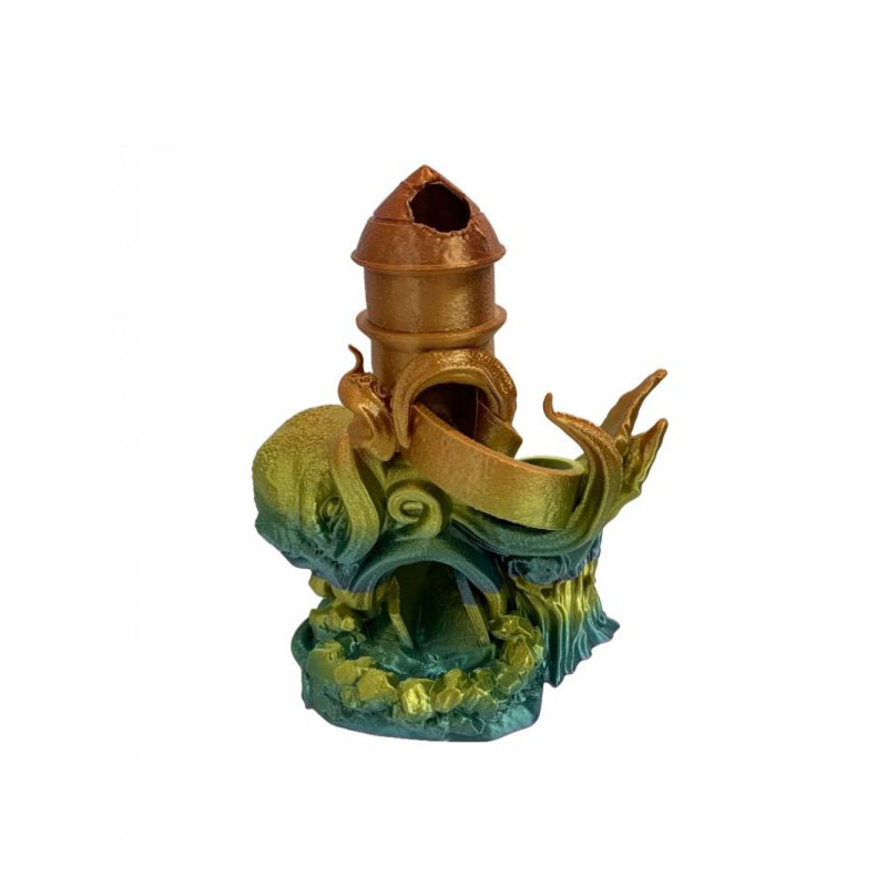 3D Printed Sea Monster Dice Tower Figurine, Gold/Blue, 6" H x 6" W x 6" D