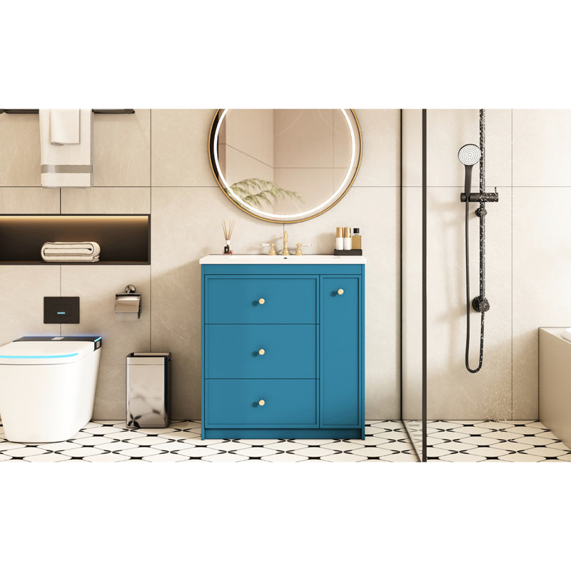 Meuble-lavabo de salle de bain en céramique 30 po - Armoire bleue à quatre tiroirs pour un lavabo peu encombrant