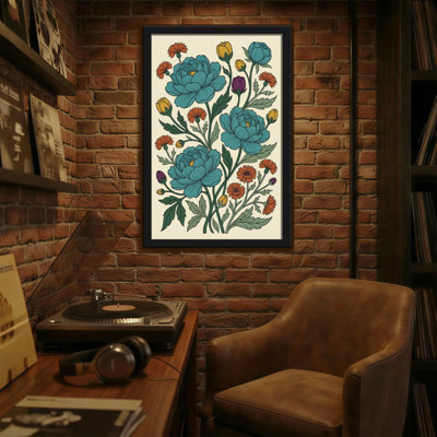 Plantes et fleurs, pivoines bleues, souci, feuilles vertes