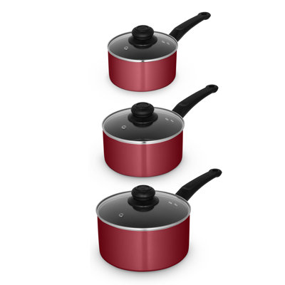 Swan Townhouse 3 Piece Saucepan Set with 16/18/20cm saucepans with Glass Lids, Bakelite Handles, Suitable for All Hob Types (excluding induction), Oven Safe