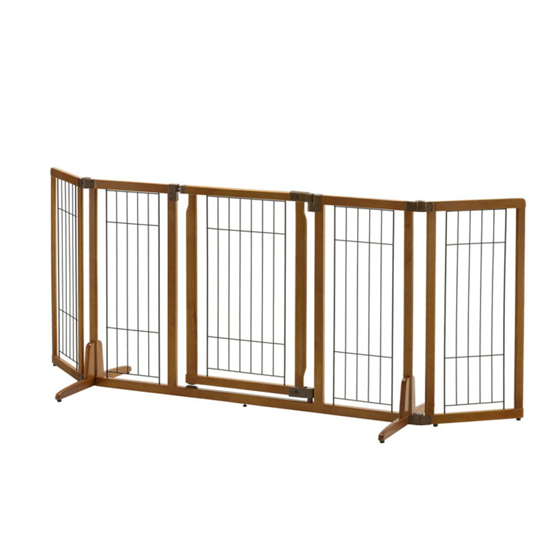 Wide Brown Rubberwood Freestanding Pet Gate with Door