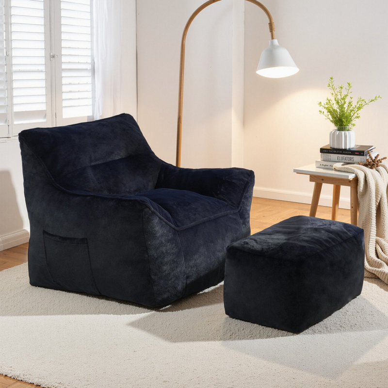 Compression Large Faux Fur Memory Foam Filled Bean Bag Chair For Adults And Kids, Dark Blue Faux Fur