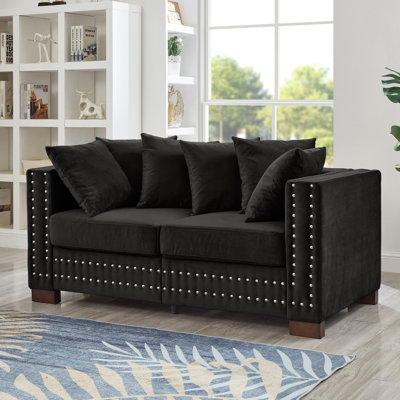 Velours noir avec un design moderne pour la vie contemporaine, accoudoirs carrés et clous argentés, sièges confortables rembourrés de ressorts, housses de rangement amovibles pour siège 2, accoudoirs décorés de haute élasticité