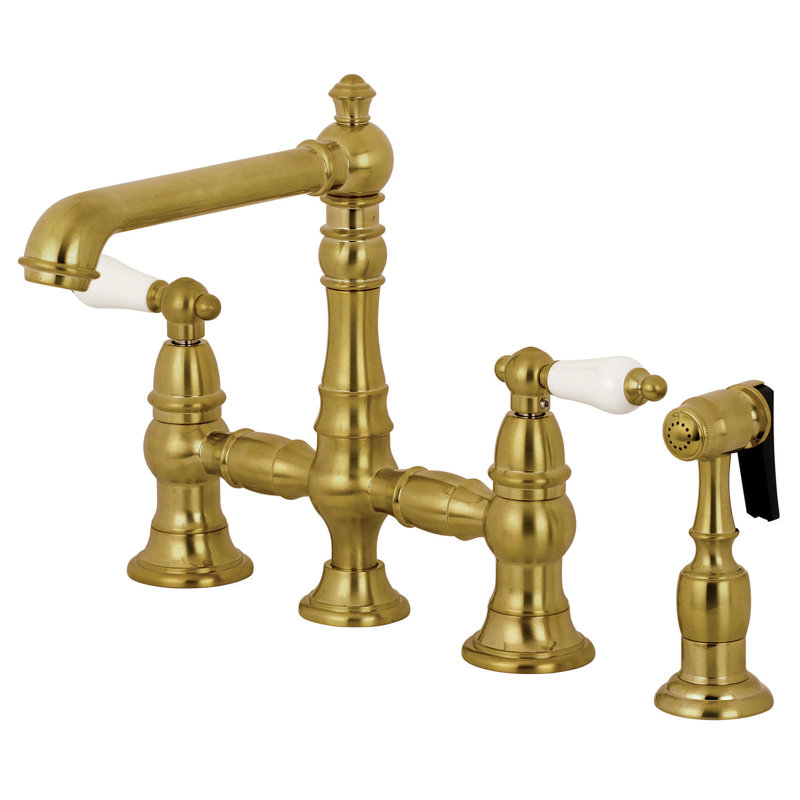 Kingston Brass English Country Two-Handle 4-Hole Deck Mount Bridge Kitchen Faucet with Brass Side Sprayer, Satin Brass