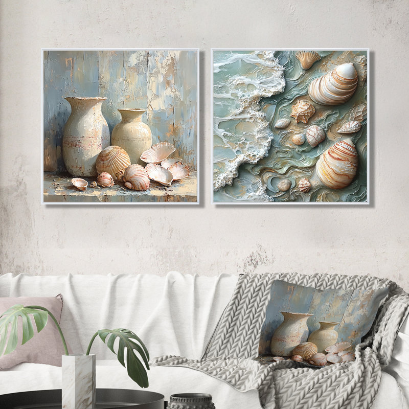 Minimalism Beach Pottery Treasures I - Beach Pottery Wall Decor - Nautical Wall Art 2 Piece, 30" H x 61" W, White