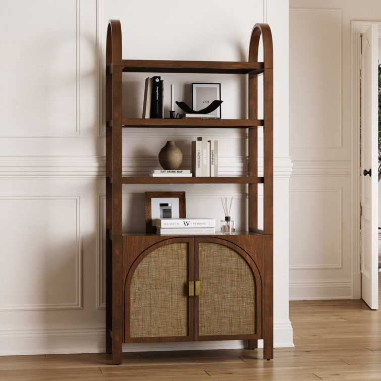 Boho 3-Shelf Bookshelf Cabinet With Rattan Doors