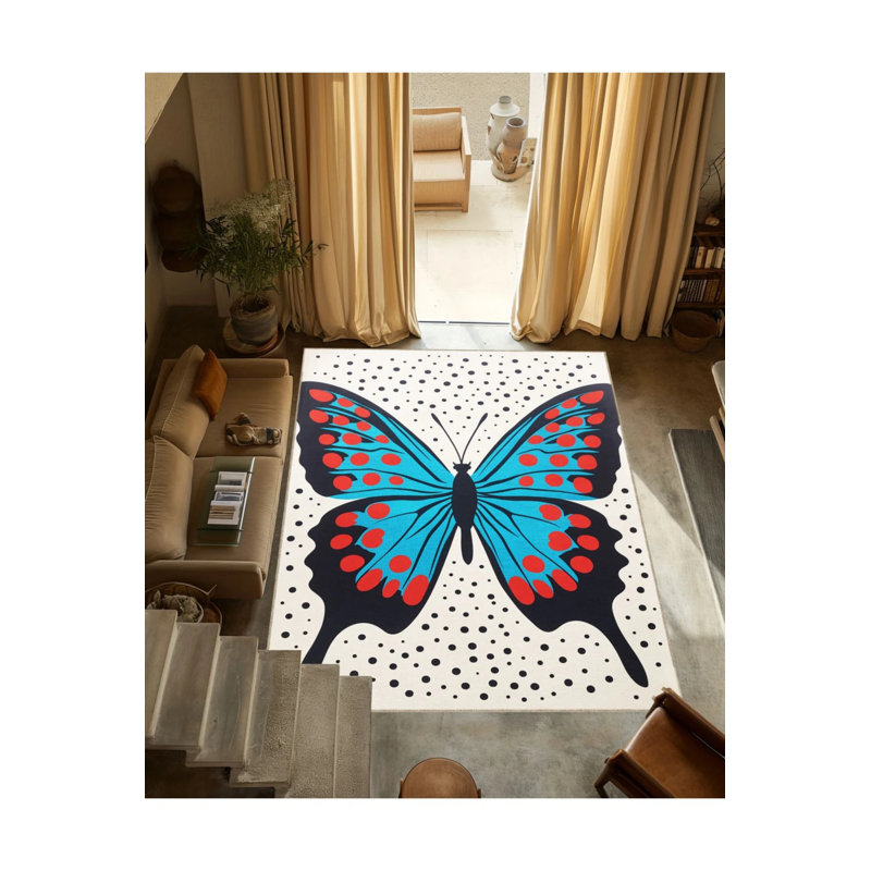 Creative Modern Decorative Carpet With Blue Beige Theme And Butterfly Pattern, Rectangle 2'4" x 4'